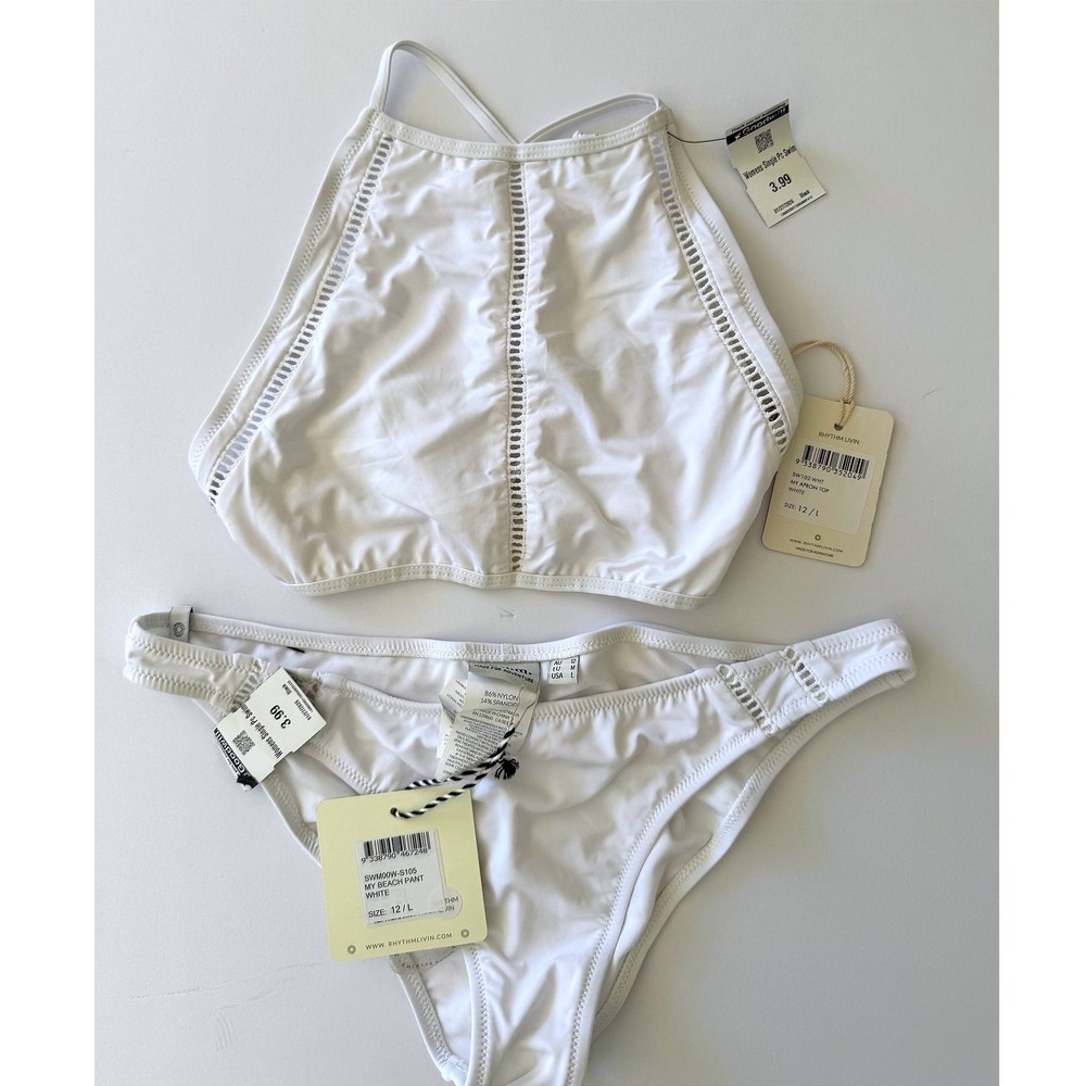 NWT Rhythm White High Neck Halter Hipster Cutout Bottom Size Large Coastal Boho - Picture 15 of 16